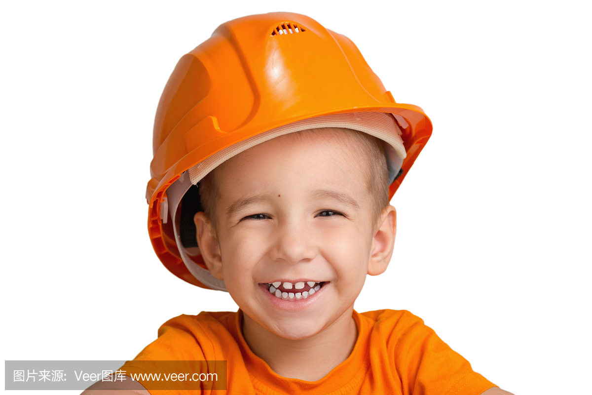在白色背景上的施工头盔的孩子。