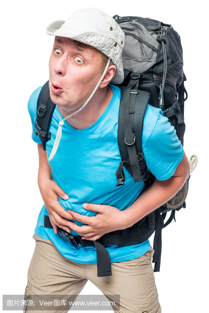 在携带沉重背包的旅客的腹部发生急性疼痛