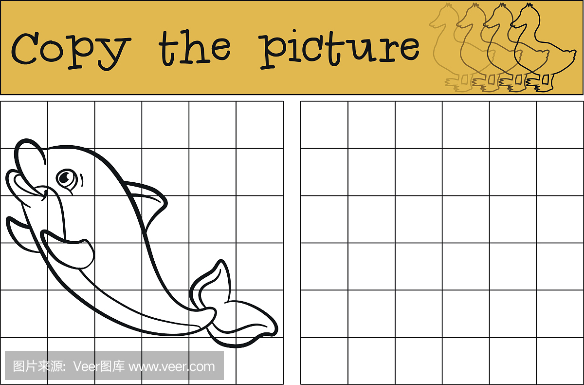 儿童游戏:复制图片。小可爱宝贝海豚游泳