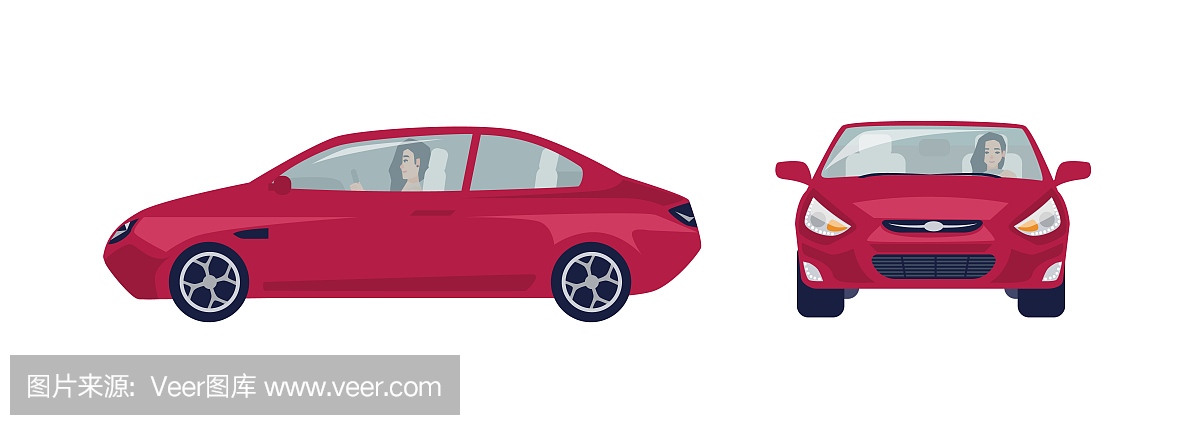 红色轿车的长发黑发女人。女司机和她的汽车。