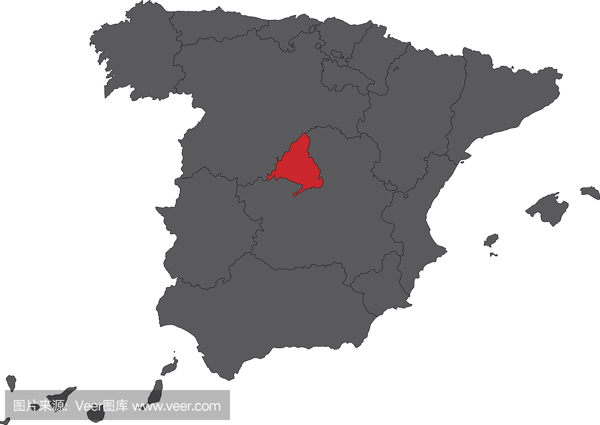 马德里红色地图在灰色西班牙地图矢量