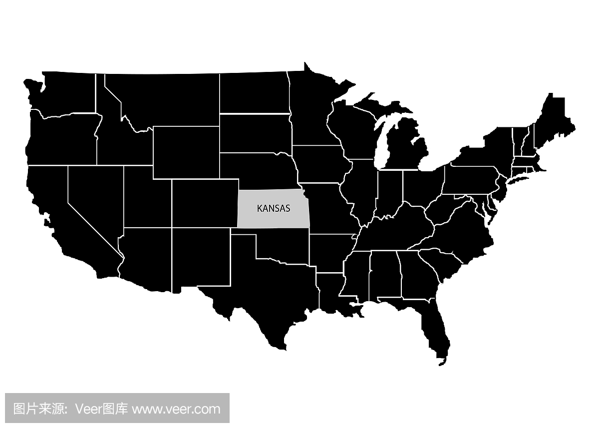堪萨斯州在美国领土地图上。白色背景。矢量图
