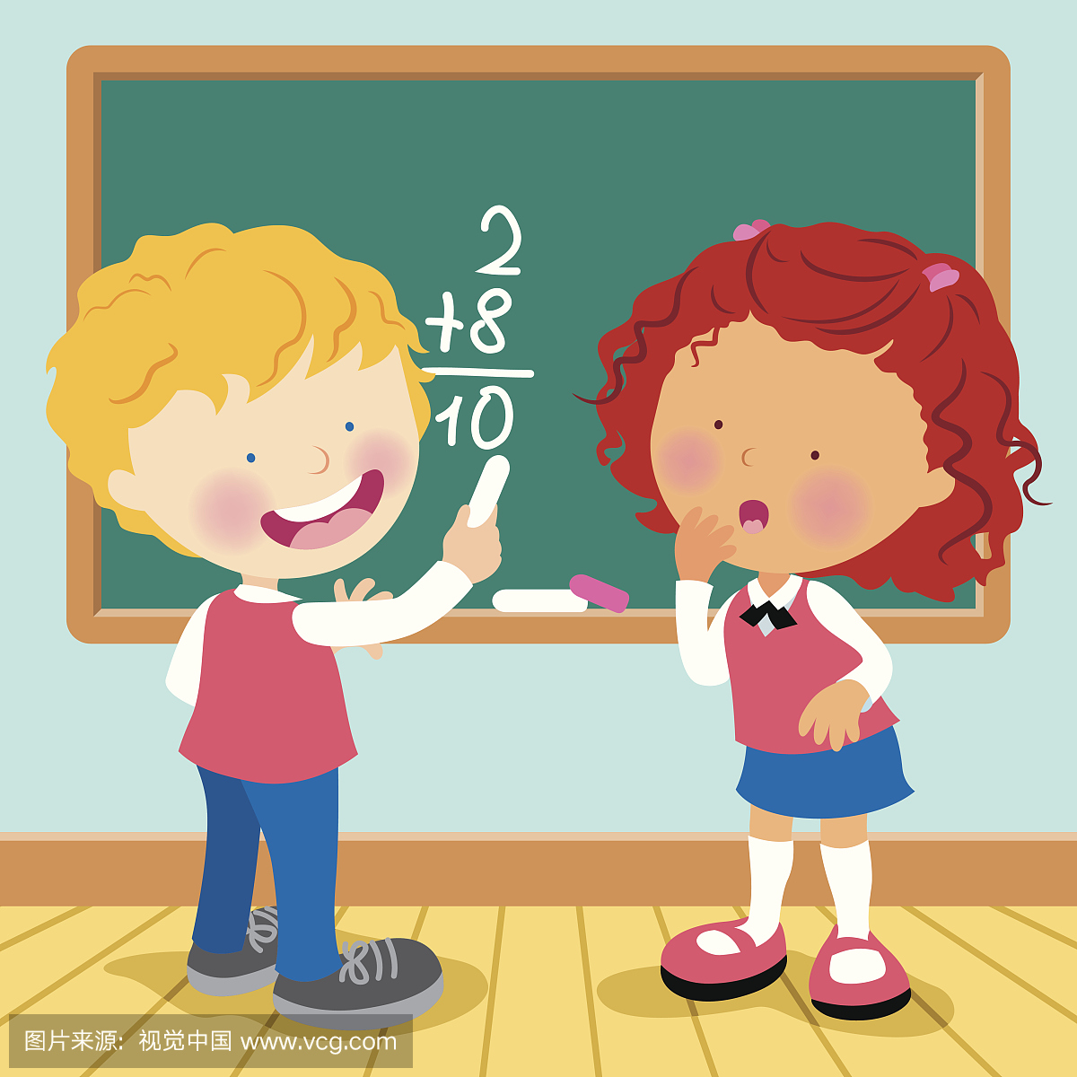 一个男孩和一个女孩在黑板上做数学的卡通