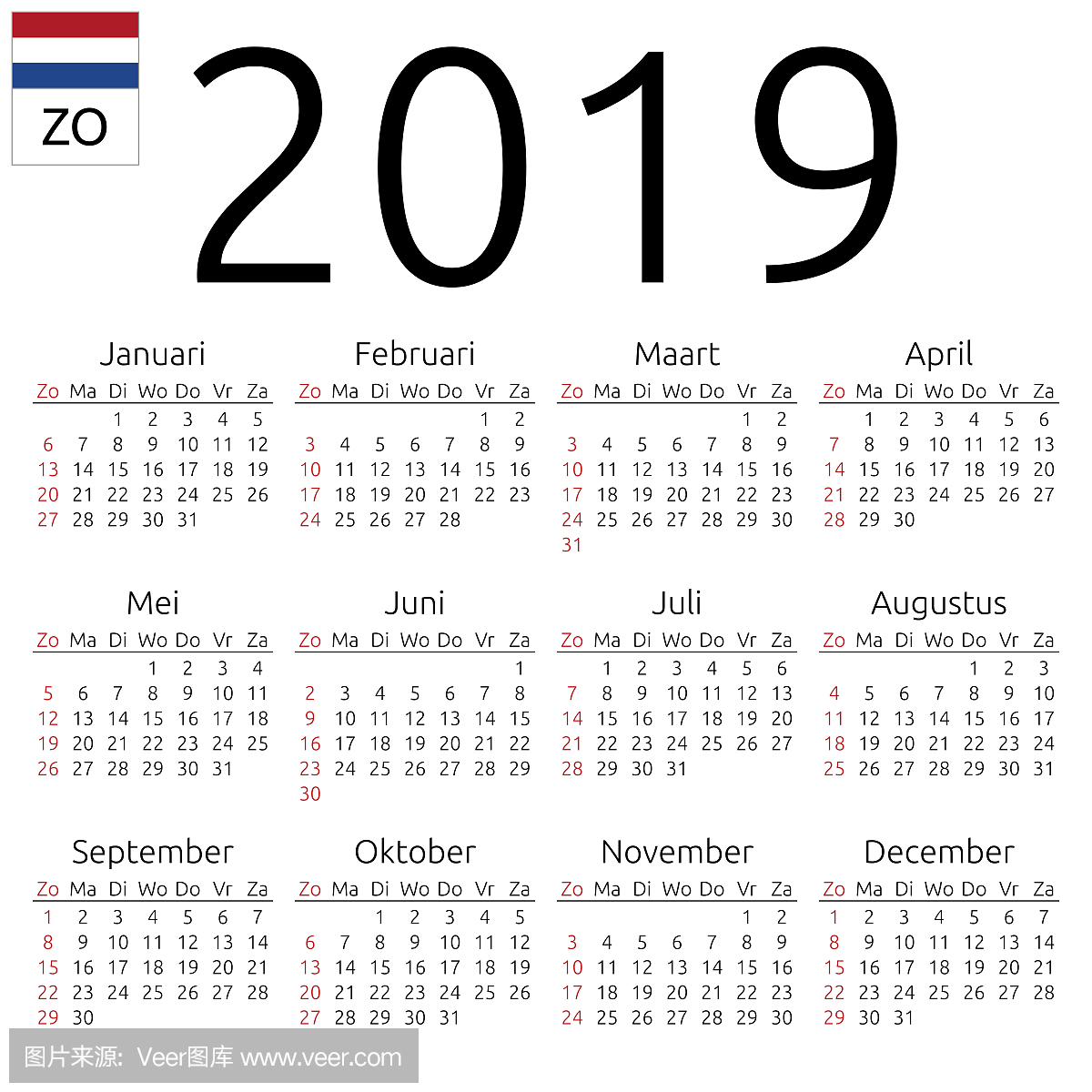 日历2019,荷兰语,星期天