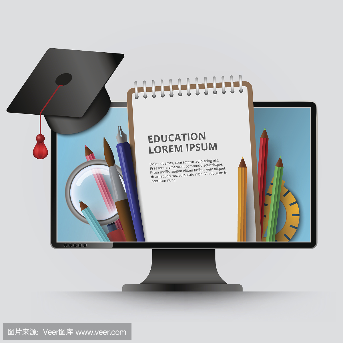 计算机屏幕与记事本,研究生帽,铅笔矢量图。 C