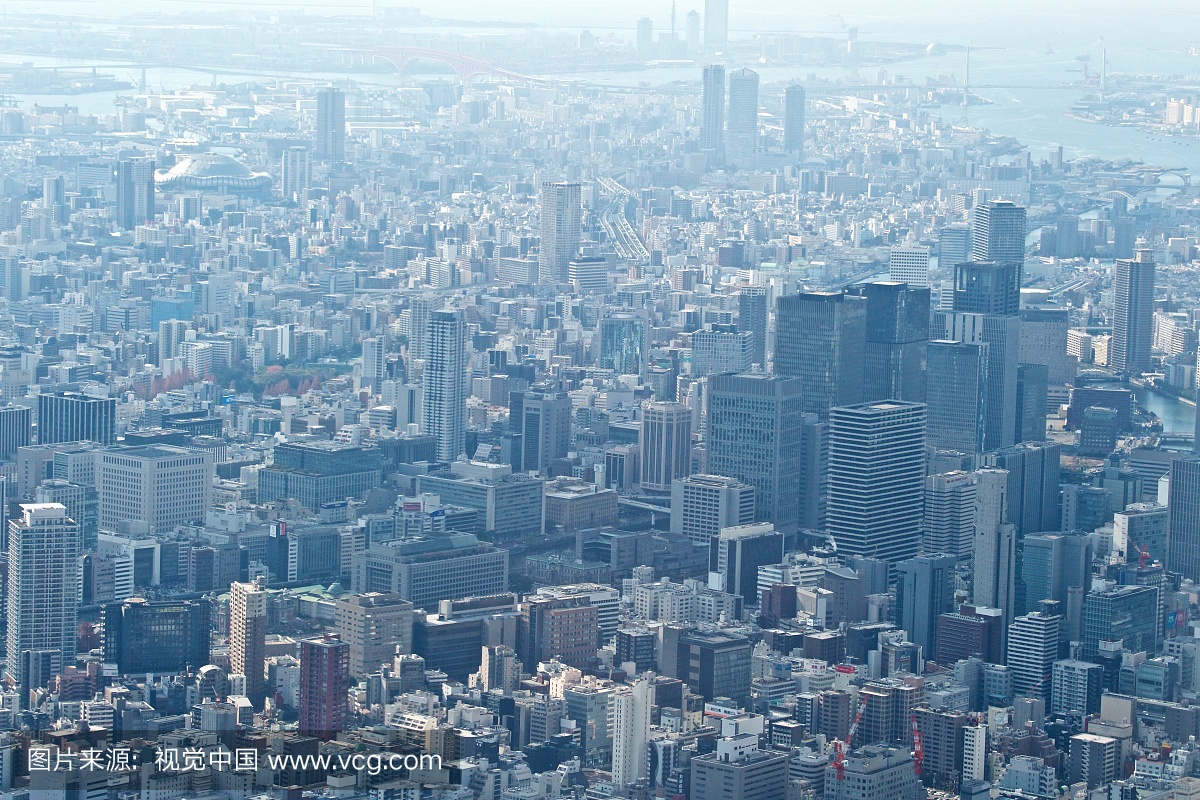 大阪府的大阪市在日本从飞机的白天鸟瞰图