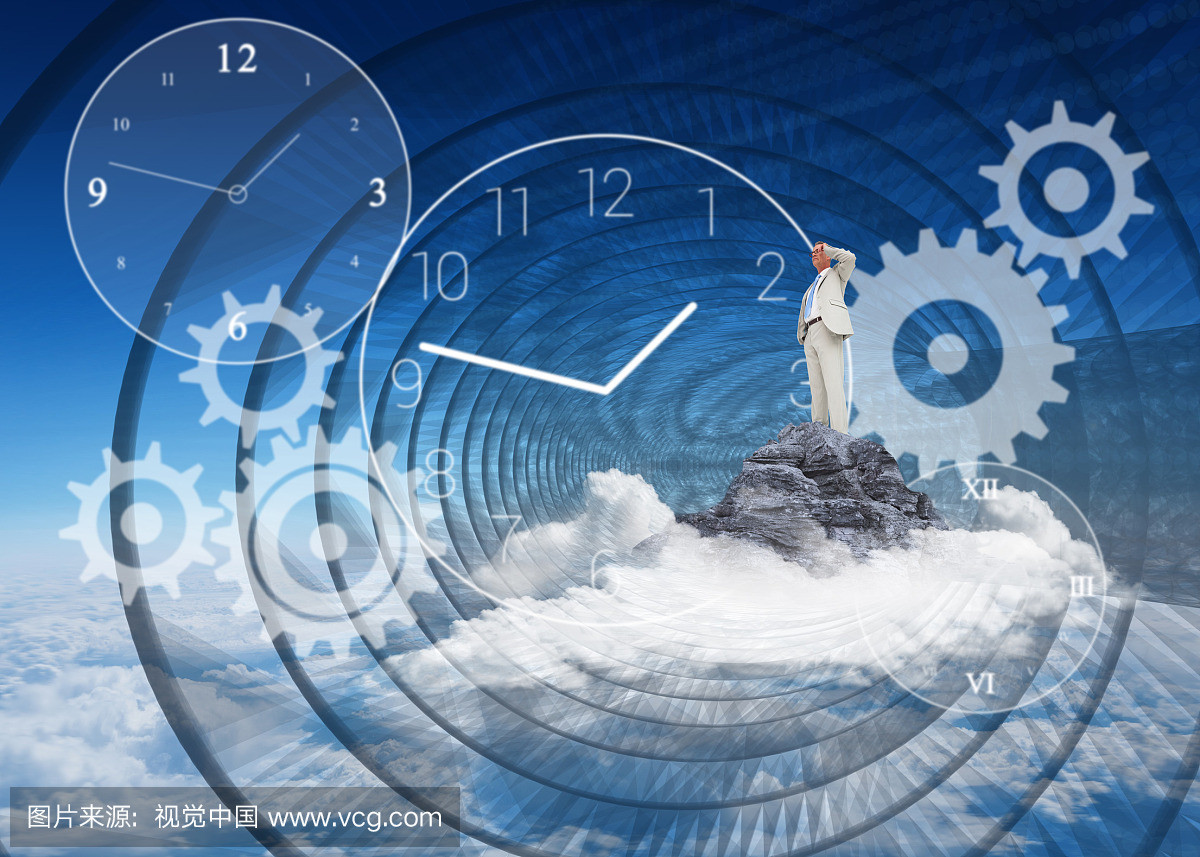 Thinking businessman against mountain peak t