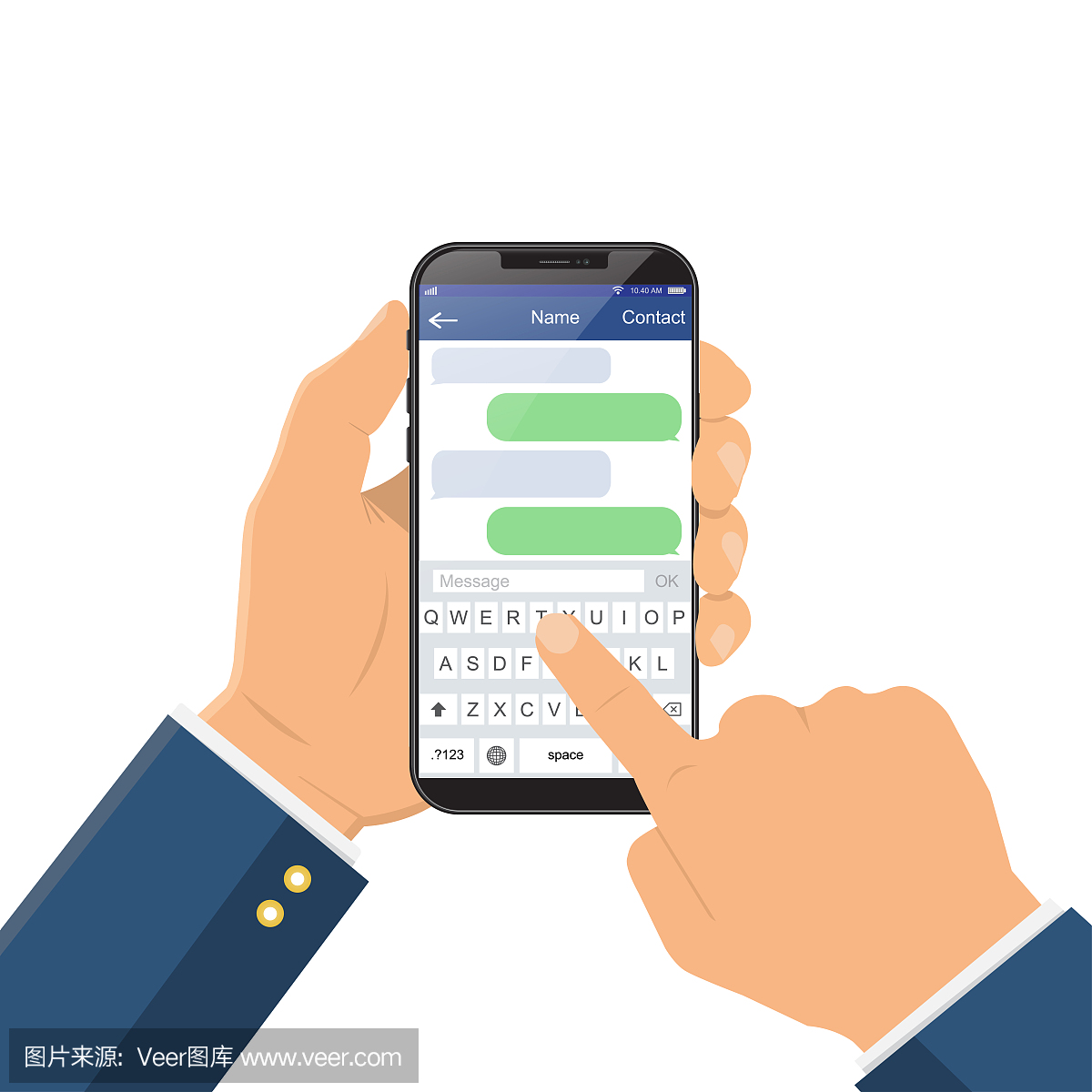 智能手机屏幕上的聊天消息。手中握着智能手机