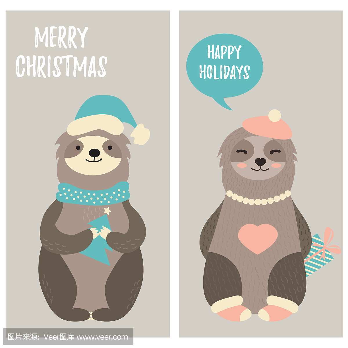 圣诞贺卡与两个有趣的树懒在冬天的衣服