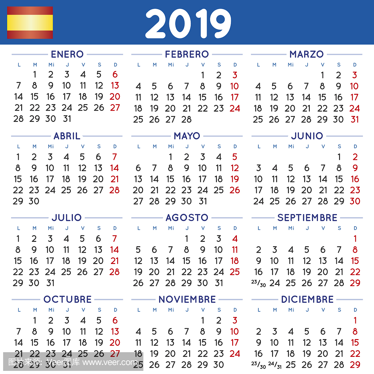 2019年平方日历西班牙文周从星期一开始