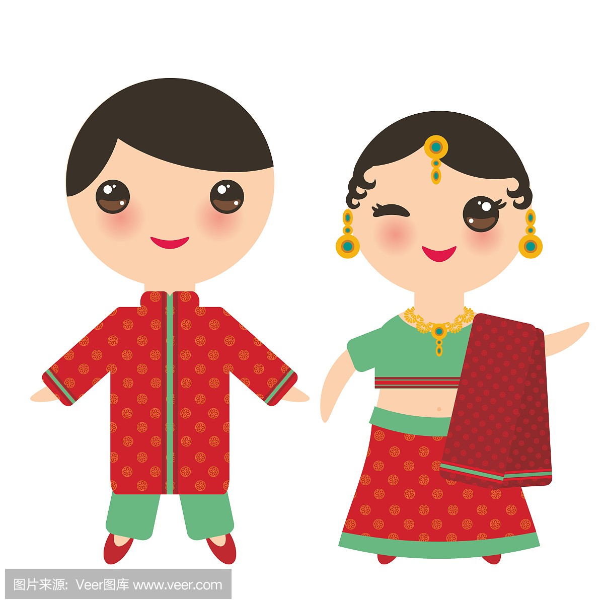 印度卡哇伊男孩和女孩在民族服装。在传统的印