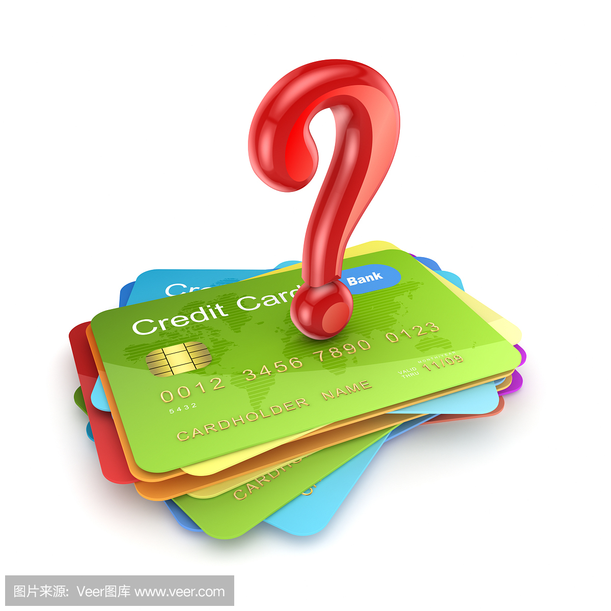 彩色信用卡上的红色查询标记。