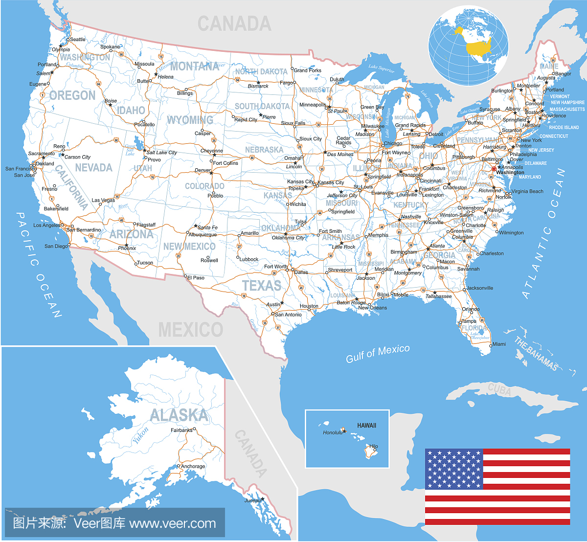 美国(美国) - 地图,国旗,导航标签,道路 - 插图