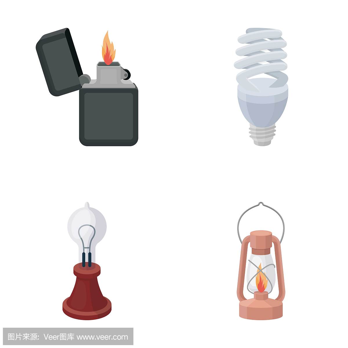 打火机,经济灯泡,爱迪生灯,煤油灯。光源设置集