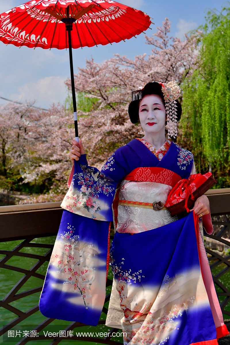 日本女子在舞妓服饰享受樱花在京都
