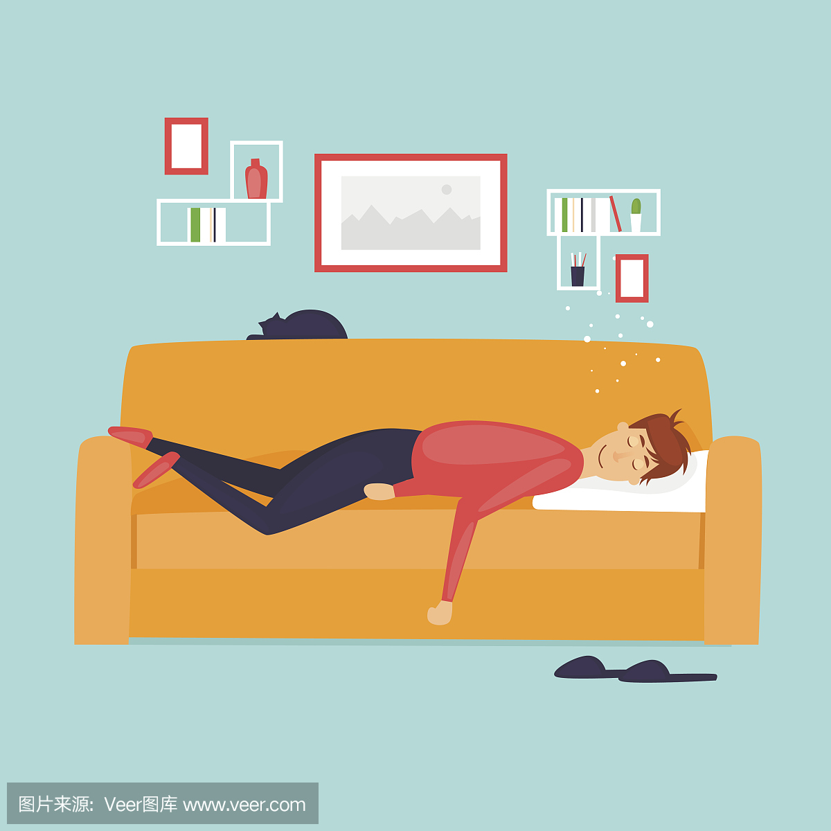 懒惰,一个男人睡在沙发上。平面设计矢量图。