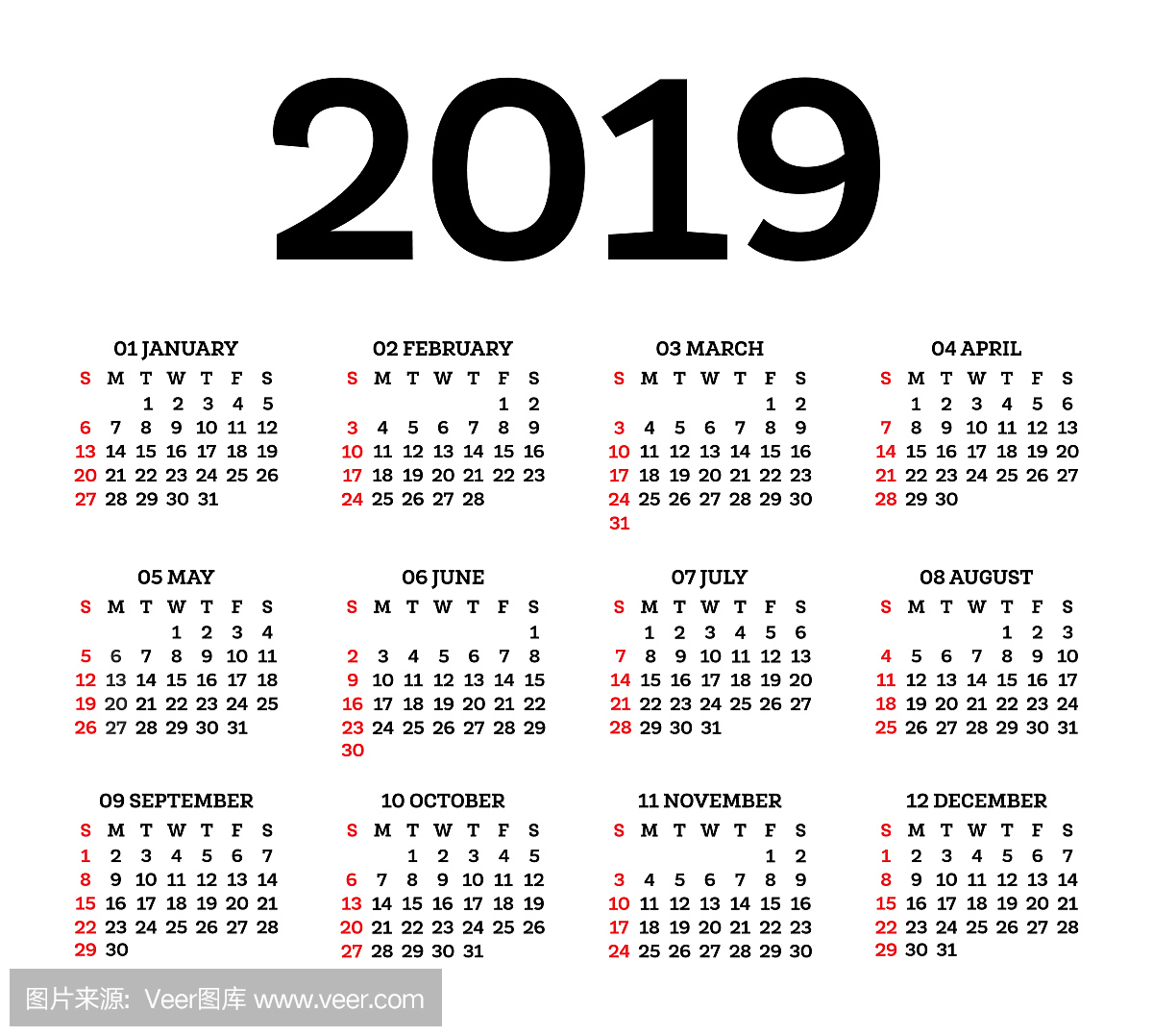 日历2019孤立在白色背景上。每周从周日开始
