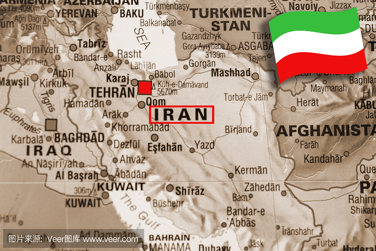 中东国家地图专注于德黑兰,伊朗。旗。