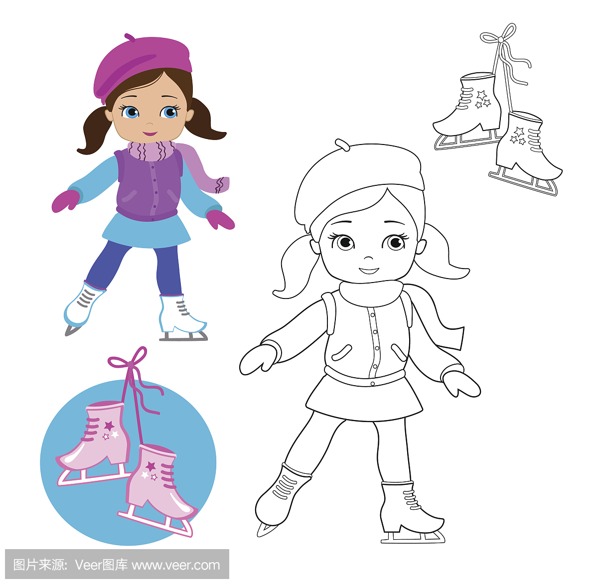 冬天的滑稽女孩在白色背景上的溜冰鞋上的衣服
