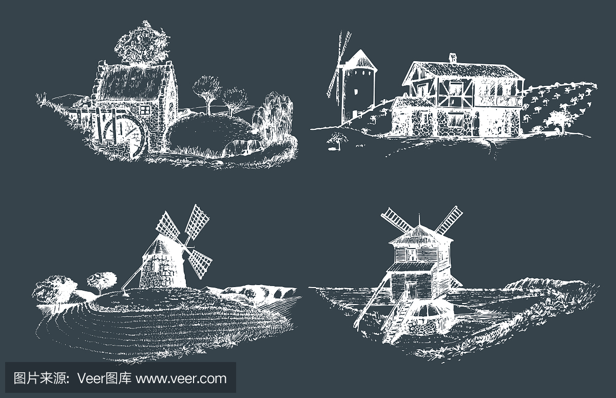 Hand drawn old rustic mills images.Vector rura