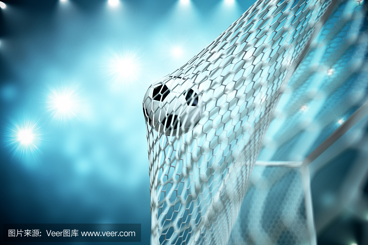 3d渲染足球在目标中。足球在网与聚光灯和体