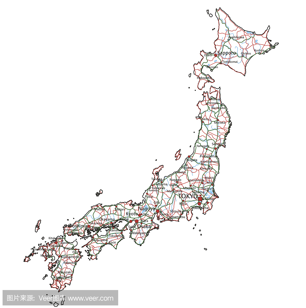 日本公路和公路地图。矢量图。