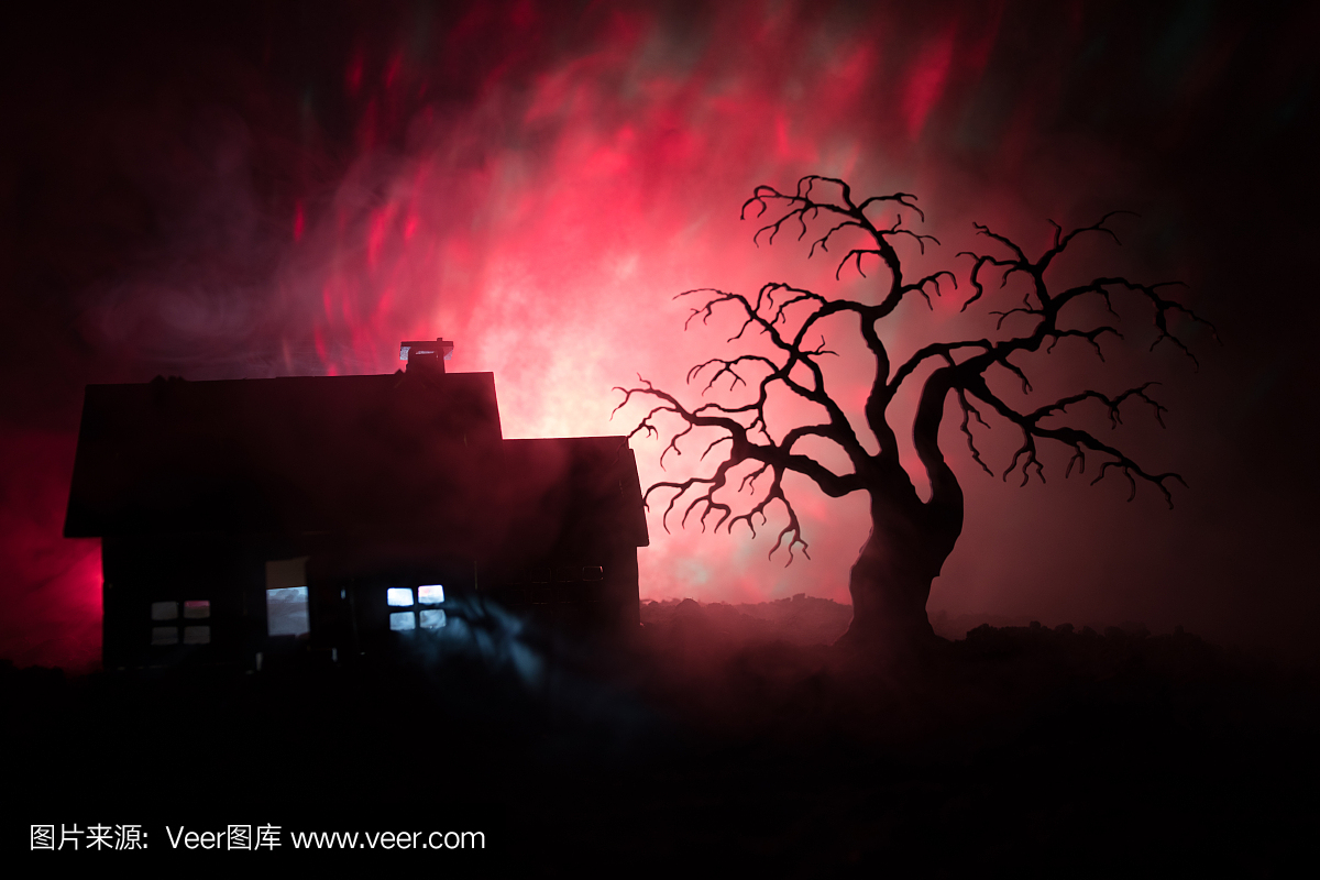 有鬼的老房子在晚上与怪异树或被放弃的被困扰