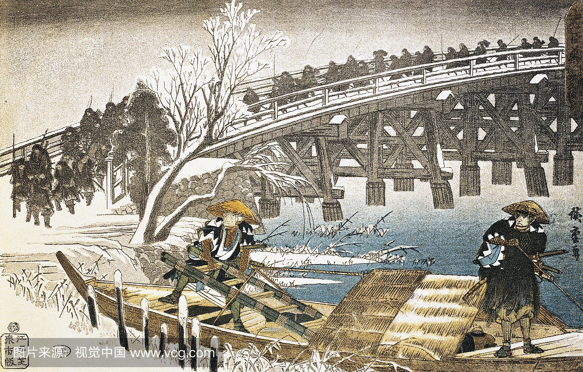 男子在河上与桥梁和多雪的景观在背景中,由Ut