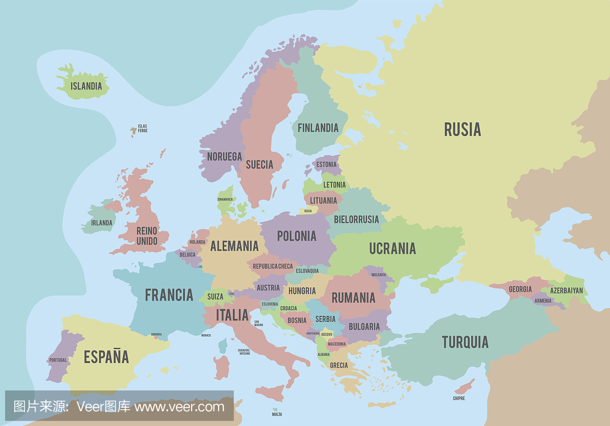 多彩欧洲政治地图用西班牙语名字