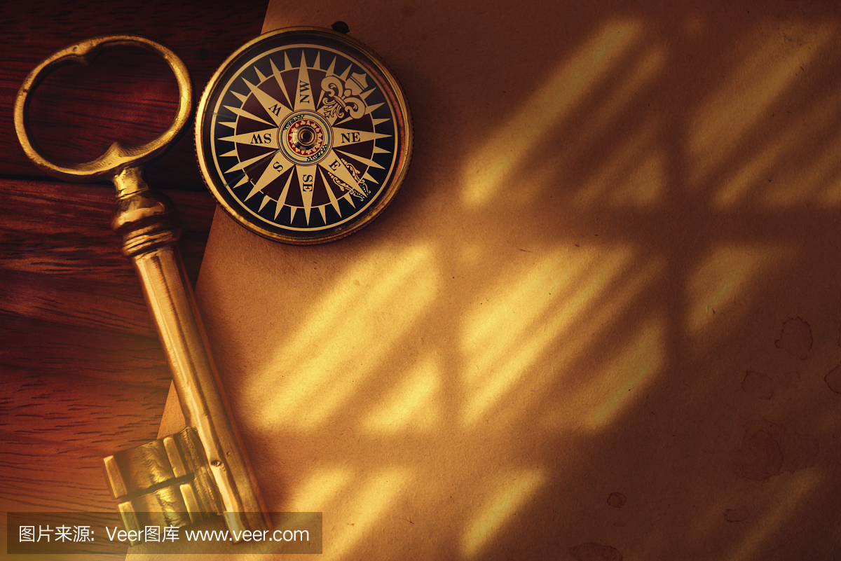 古色古香的金钥匙和指南针与影子