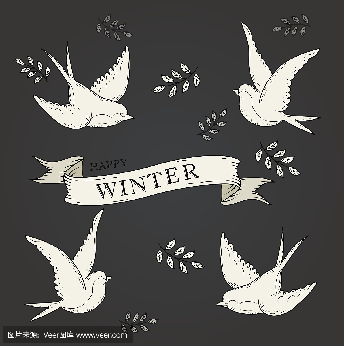 白丝带和燕子横幅集。美丽的空白装饰