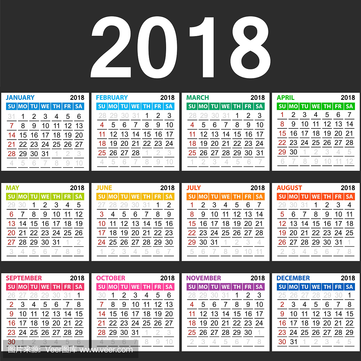 简单的矢量2018新年日历在表简单干净的最小