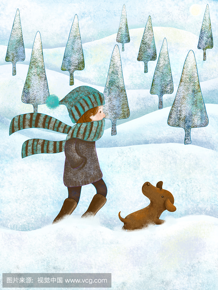 一个男孩和一只狗一起走在雪地里