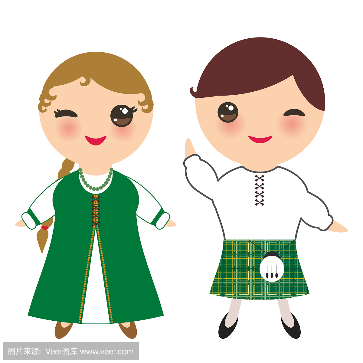爱尔兰男孩和女孩在民族服装和帽子。在传统的