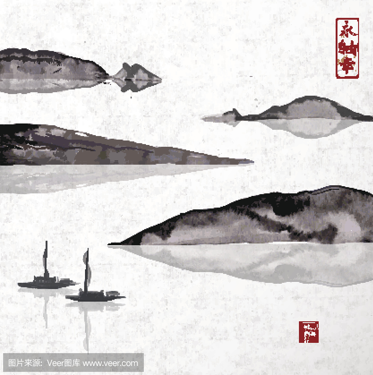 两艘渔船和山脉。传统日本水墨画总结。
