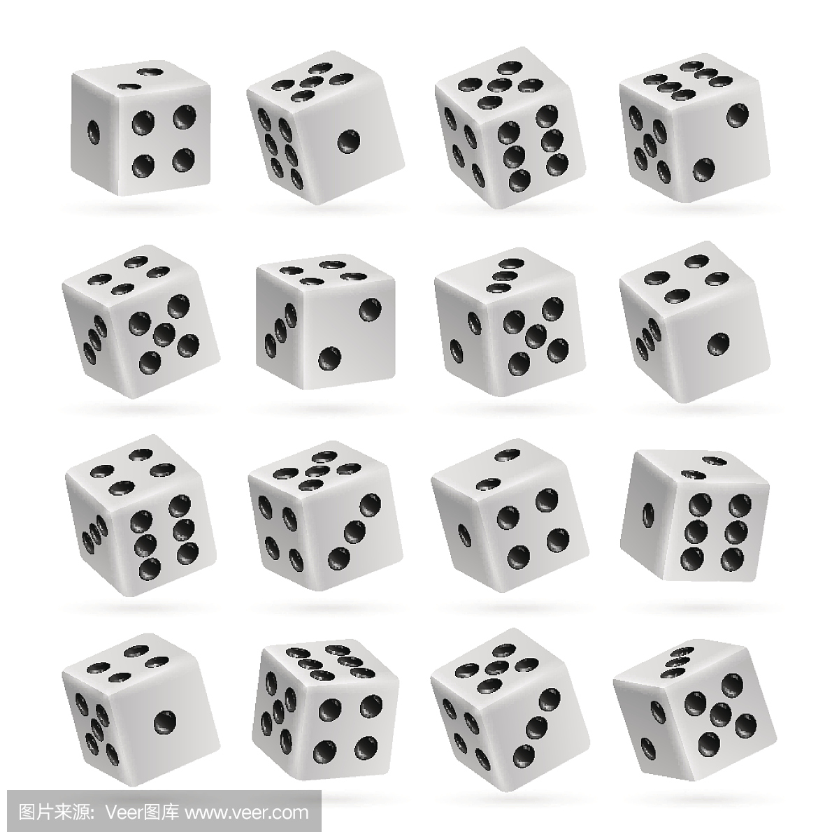 玩骰子矢量集。 3d现实立方体与点数。好玩扑