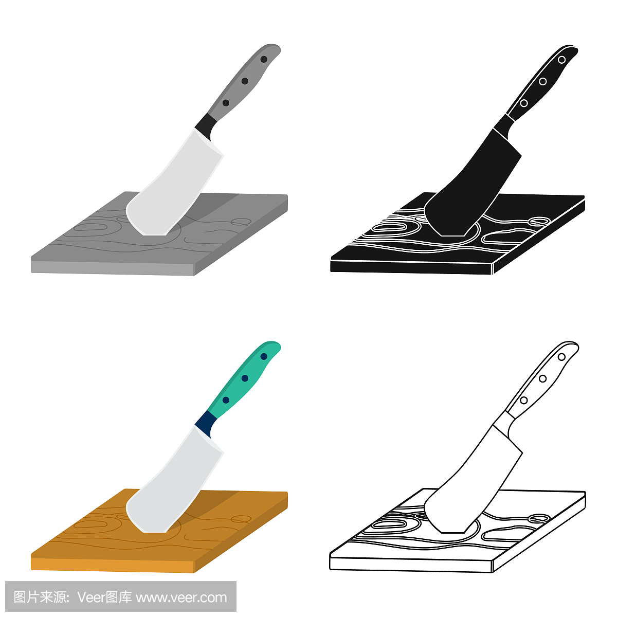 食品加工板和切肉刀。食物和烹饪在卡通风格矢