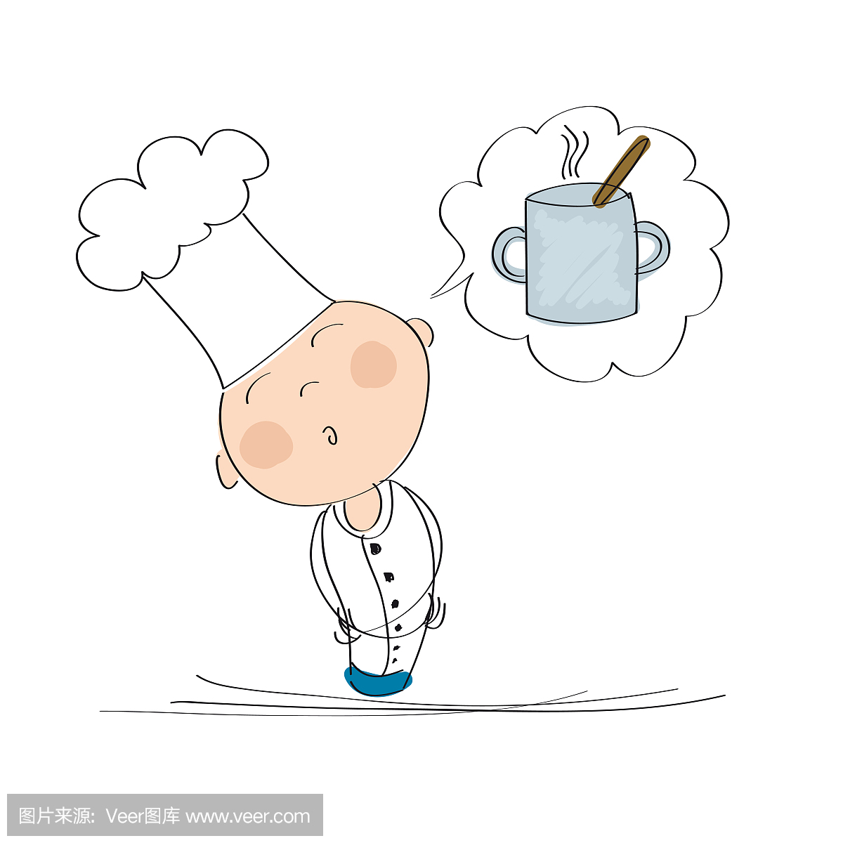 快乐厨师梦见烹饪美味的餐 - 原始手绘插图