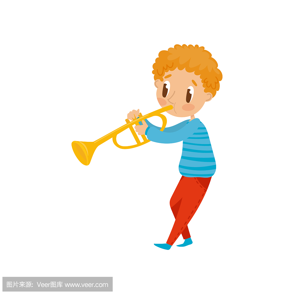 可爱的男孩玩喇叭,与乐器卡通矢量图在白色背