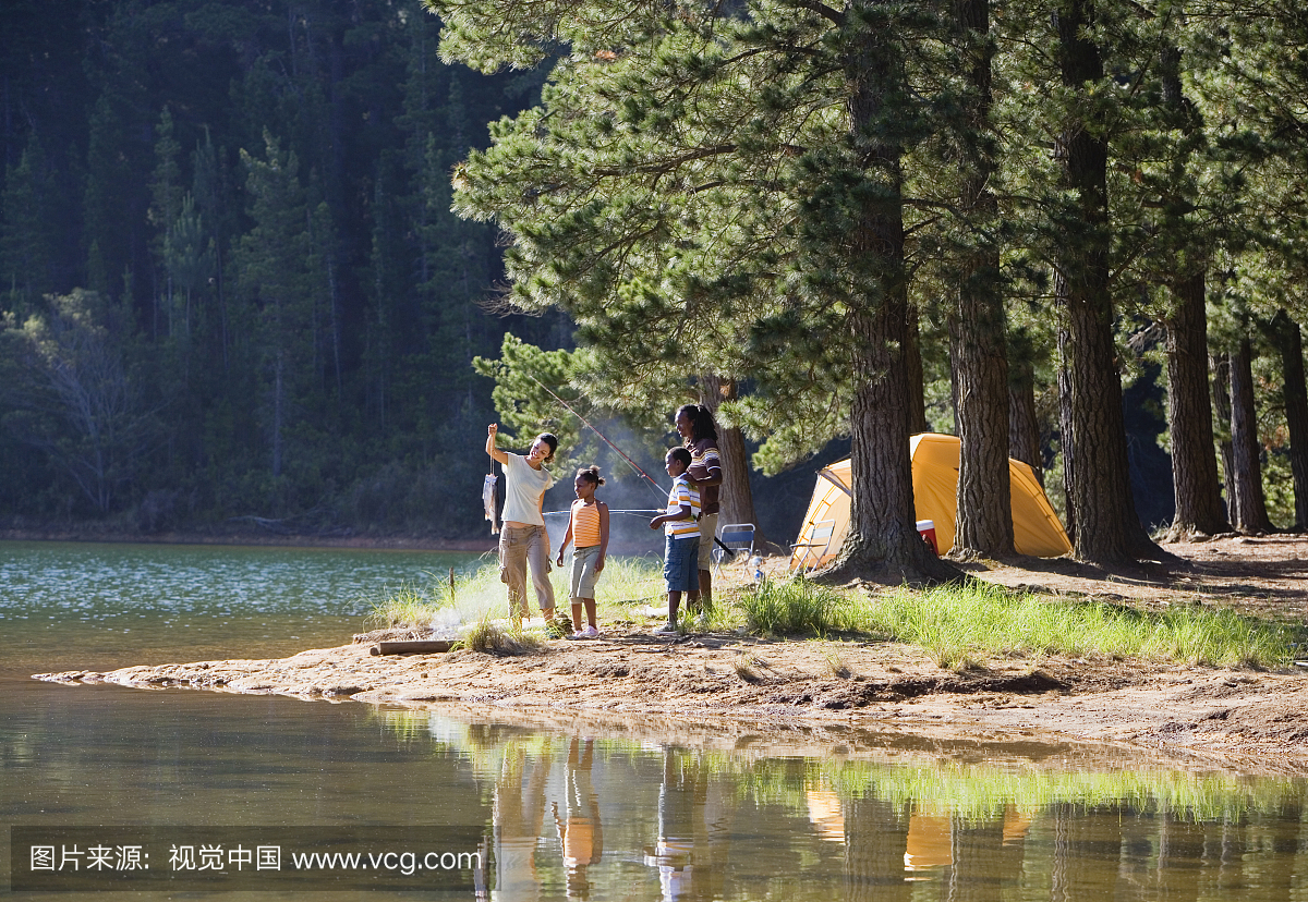 -distance, fishing beside lake on camping trip, 