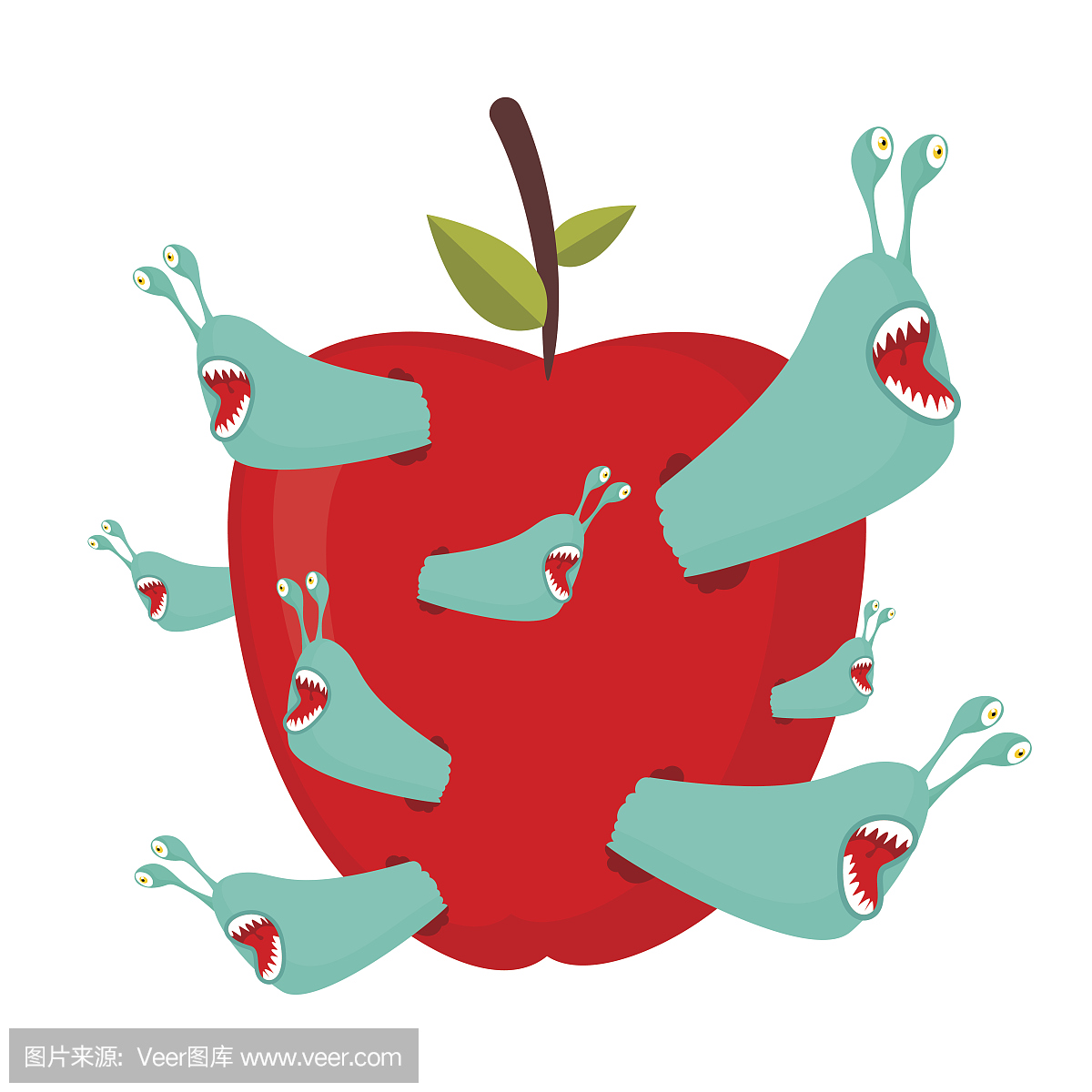 蠕虫吃红苹果。寄生虫水果中的害虫