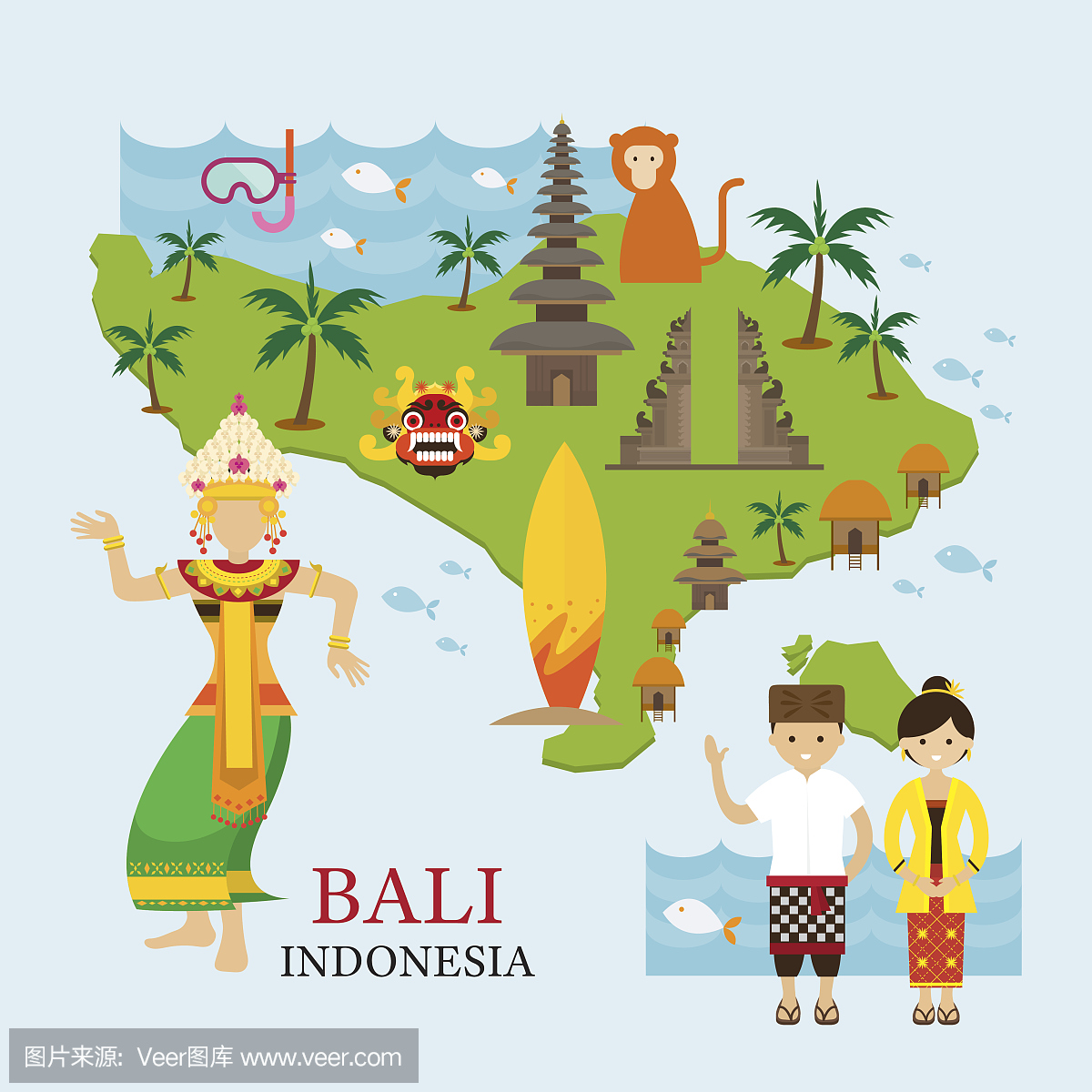 印度尼西亚巴厘岛与旅游和景点的地图