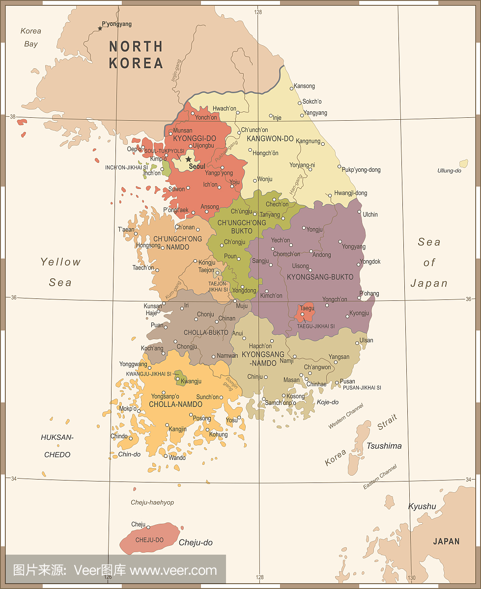 韩国地图 - 葡萄酒矢量图