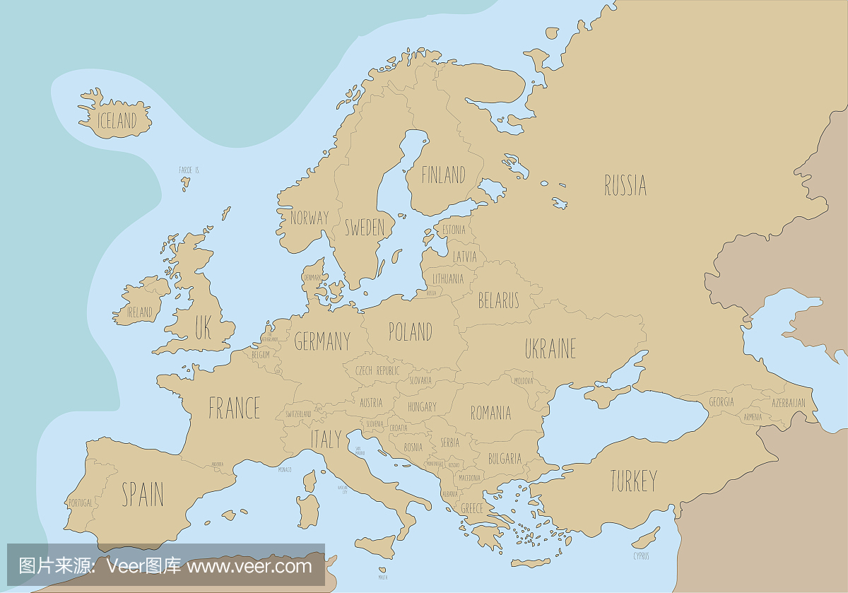 欧洲政治地图,英文名称。矢量图