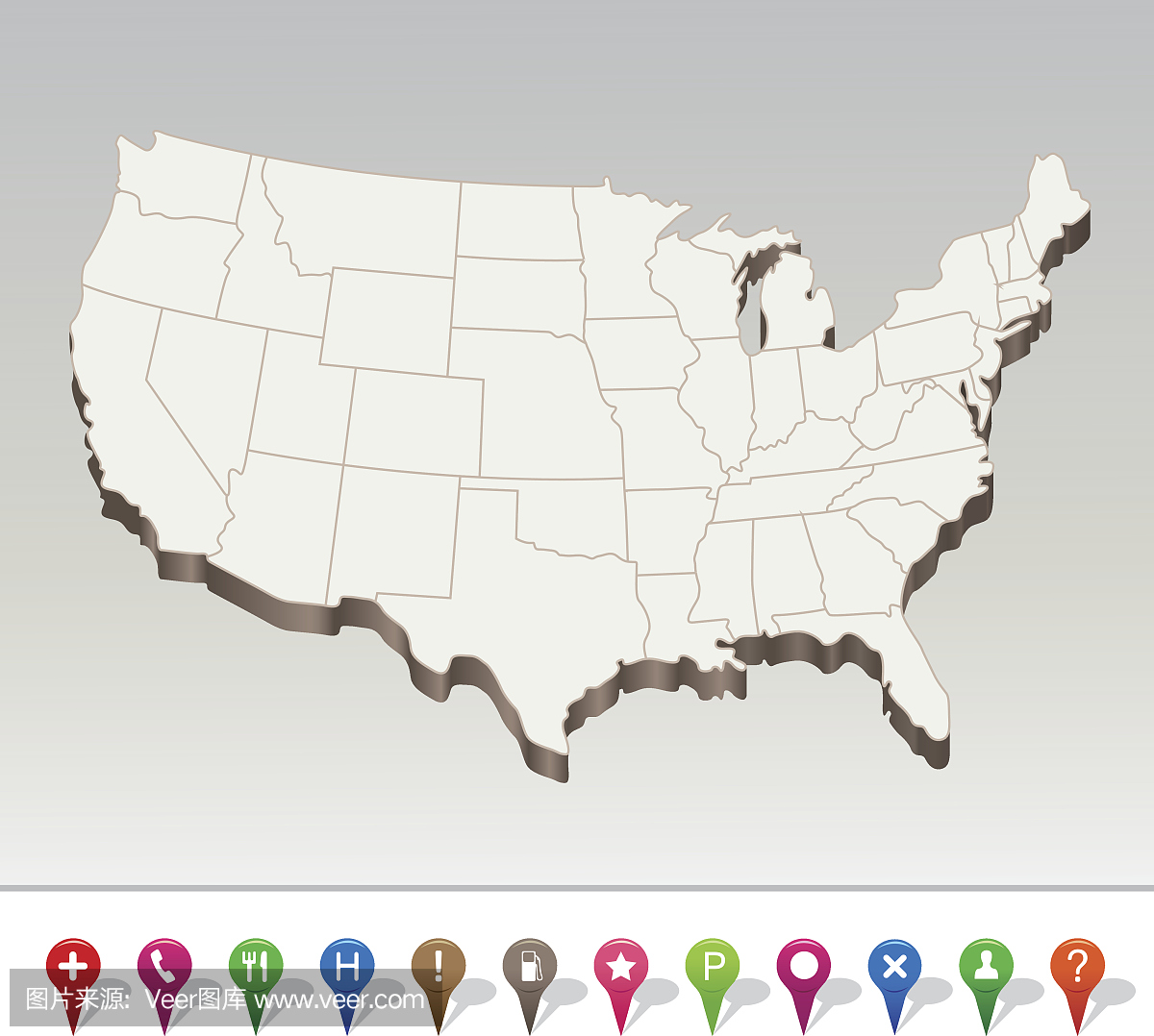 空白的白色地图美国与五颜六色的针标记