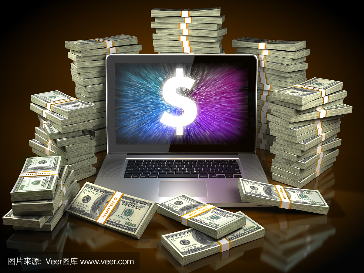 美元钞票和笔记本电脑:赚钱在线 - 裁减路径
