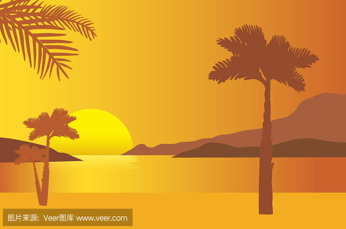 沙滩上冉冉升起的太阳和棕榈在橙色早晨的天空