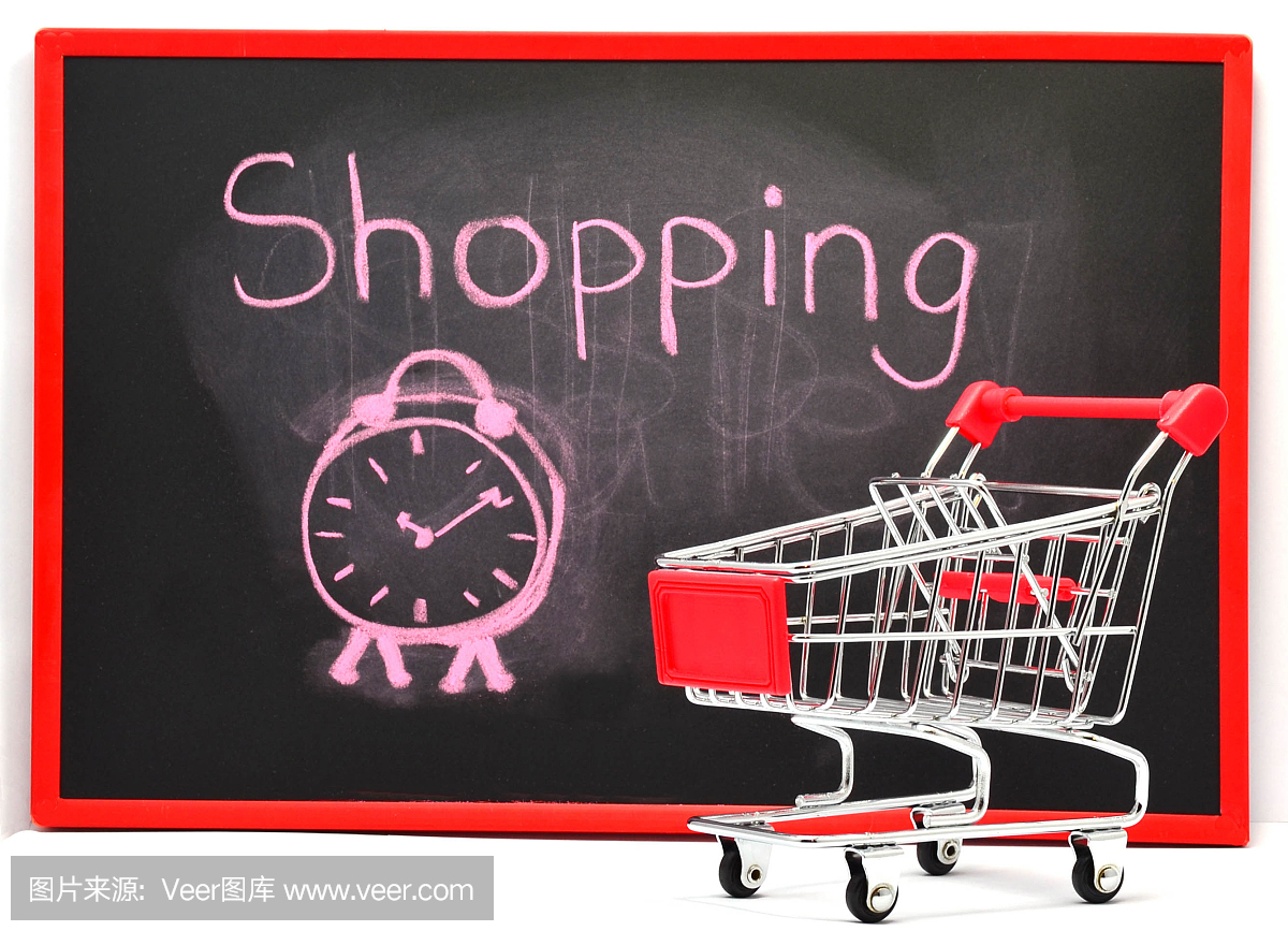 购物车用粉笔写的单词购物和绘制时钟