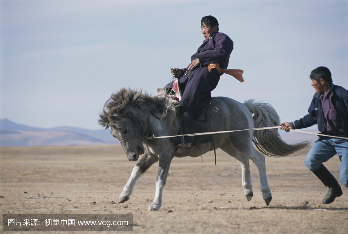 蒙古人民共和国一名蒙古人在迁徙期间打了一匹
