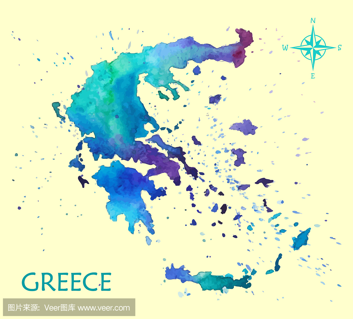 手绘水彩地图希腊